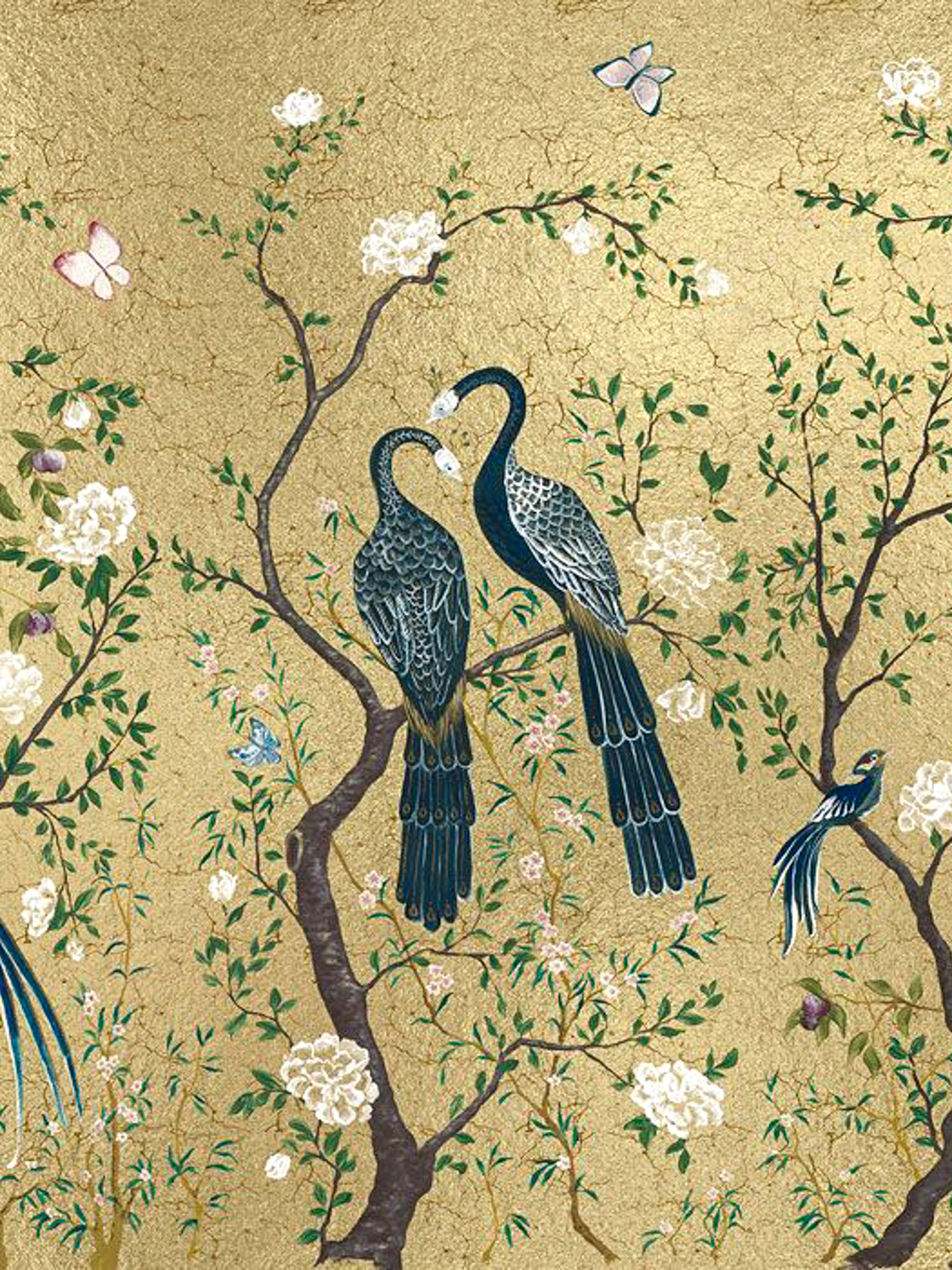 Painterly birds perched on tree branches with white flowers and butterflies on a gold textured background.