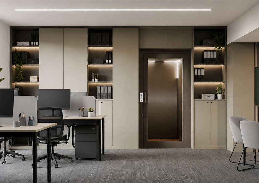 Modern office interior with a closed public elevator door in the center, surrounded by shelves with binders and plants, and desks with office chairs and computer monitors on the left side.