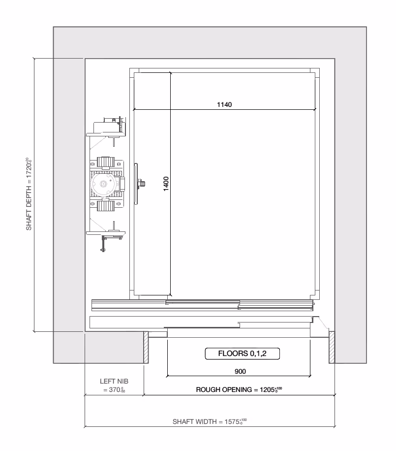 Technical floor plan of an elevator shaft showing dimensions, cabinet locations, and safety zones.