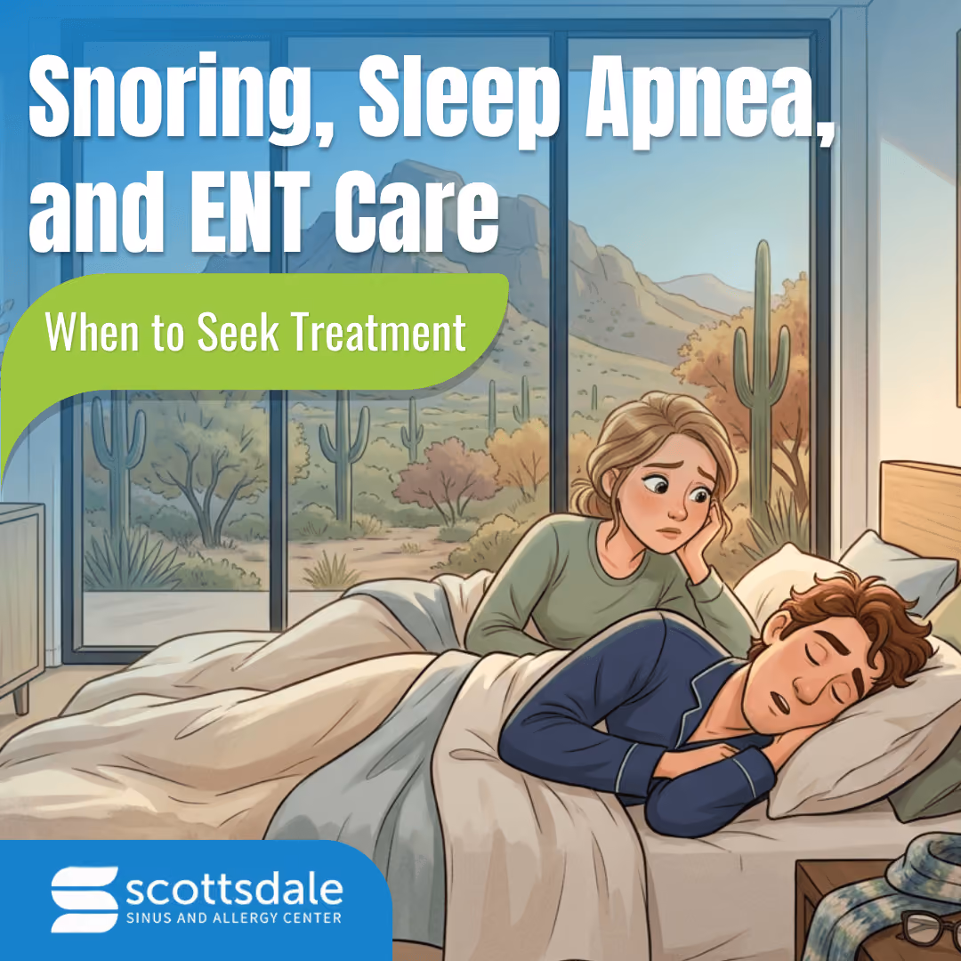 Illustration of a concerned woman watching a man snore in bed, titled 'Snoring, Sleep Apnea, and ENT Care: When to Seek Treatment.