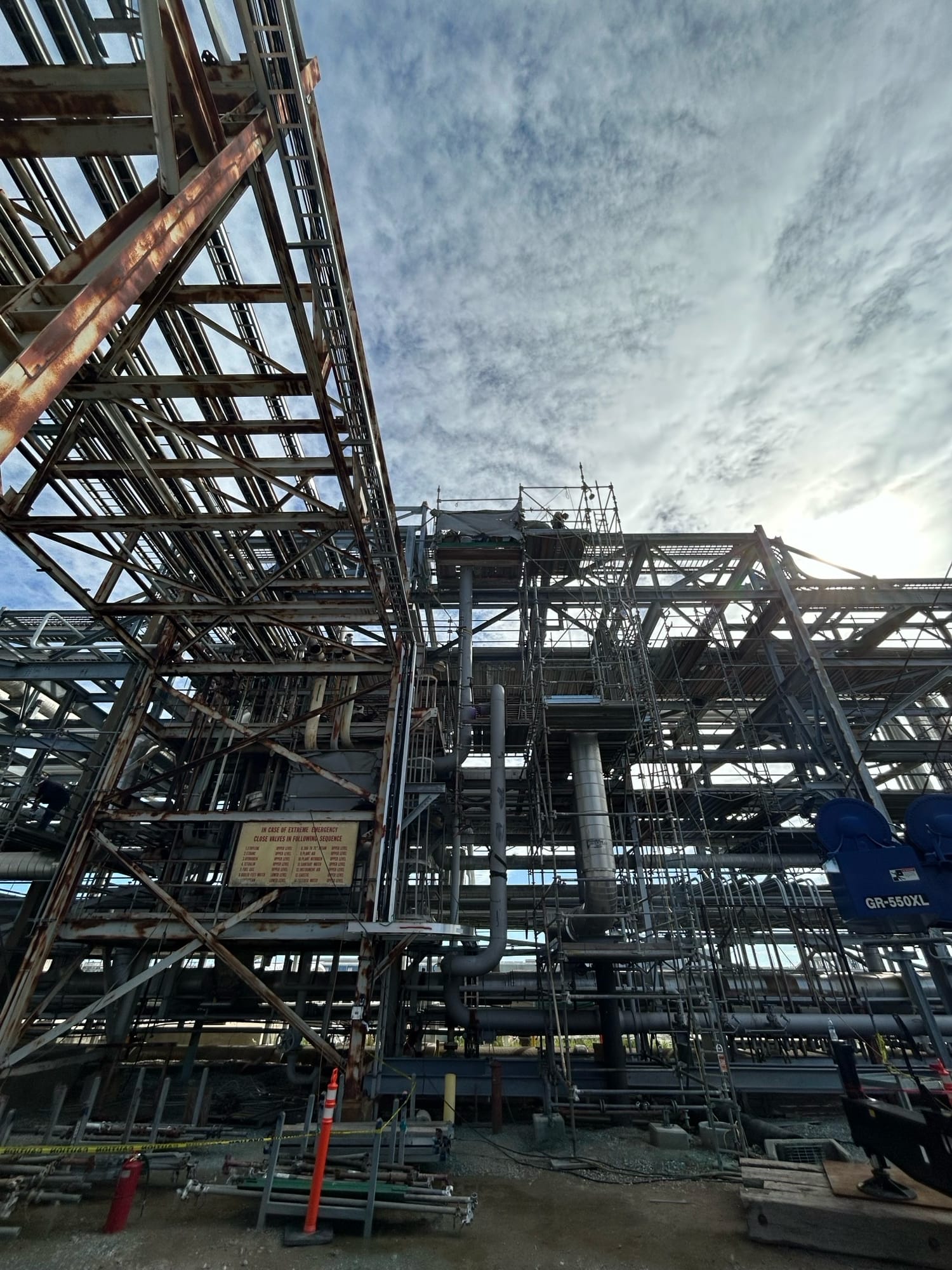 An industrial structure with pipes interwoven