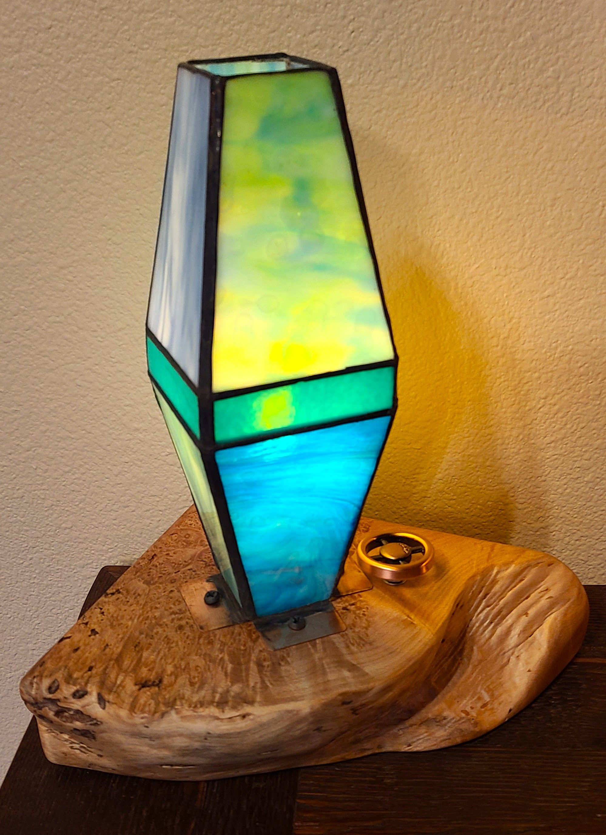 3" x 9" Square Stained Glass on Maple Burl with LED Light and Copper Knob Dimmer Control. 11" total height. 60" twisted grey cloth cord with vintage style polarized plug.