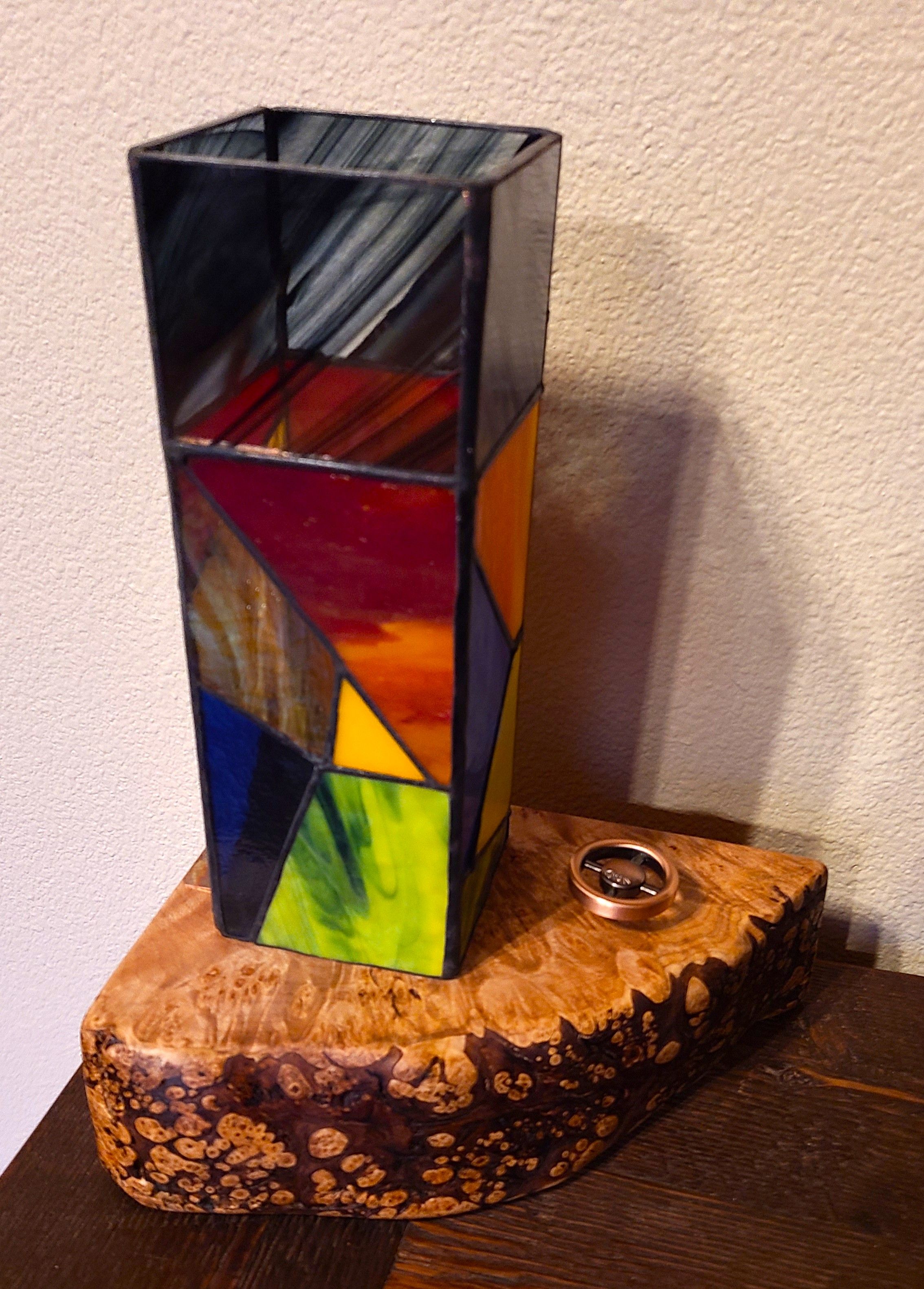 3" x 10" Square Stained Glass on Maple Burl with LED Light and Copper Knob Dimmer Control. 13" total height. 60" twisted grey cloth cord with vintage style polarized plug.