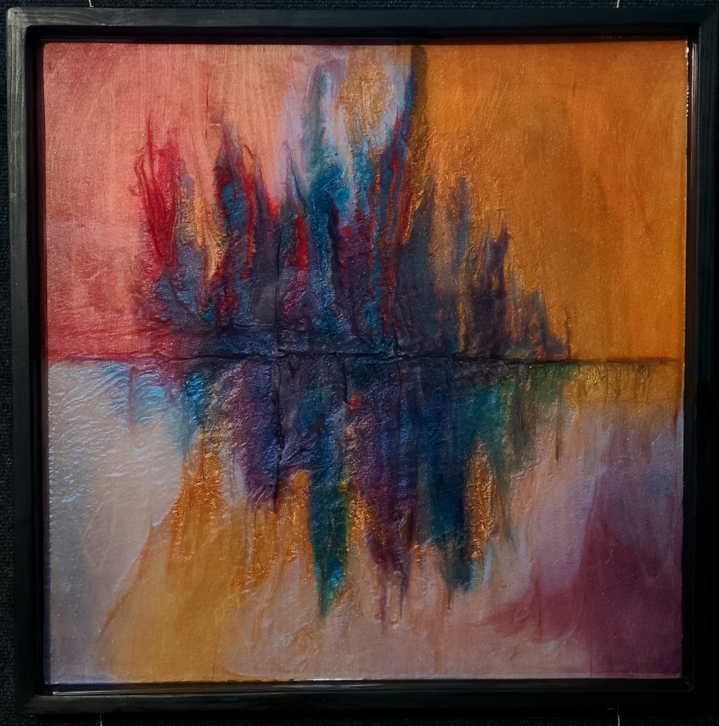 24" x 24" Framed Watercolor and Epoxy with pigments on wood. 