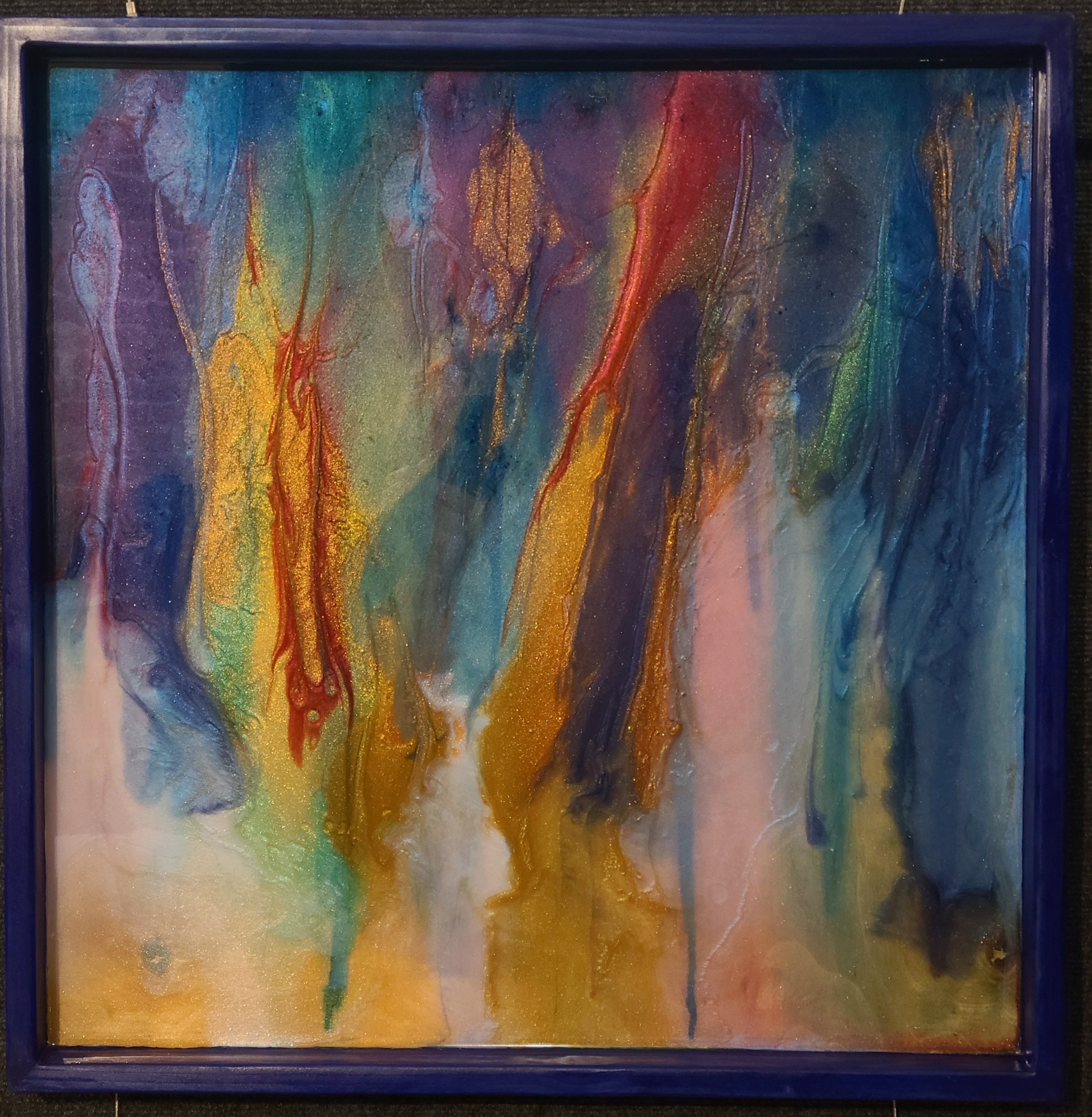 24" x 24" Framed Watercolor and Epoxy with pigments on wood. 