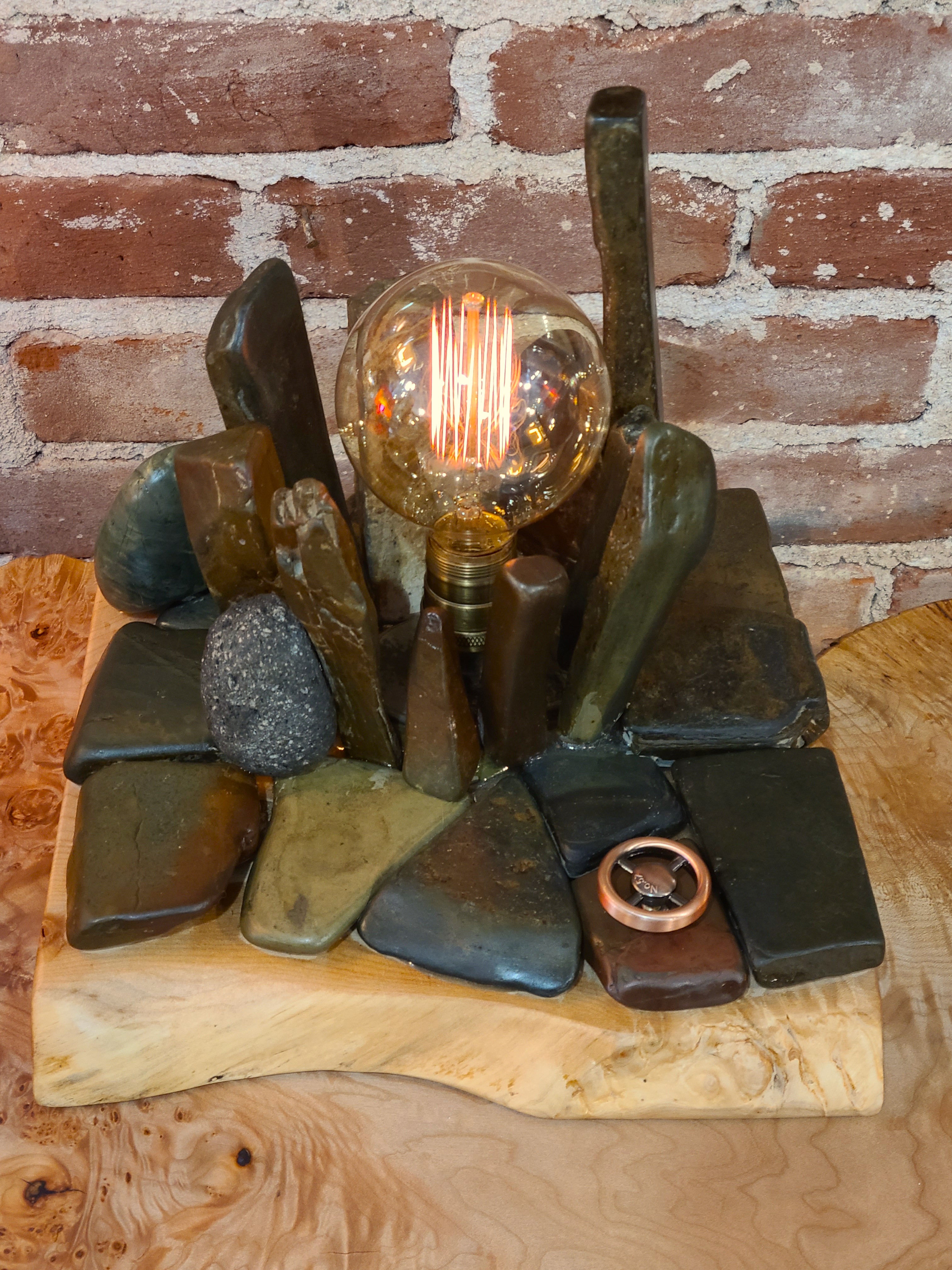 12" x 11" Table Lamp with maple and rock base, Edison bulb and and Dimmer Control. 50" brown cloth twisted cord with vintage style brown plug.