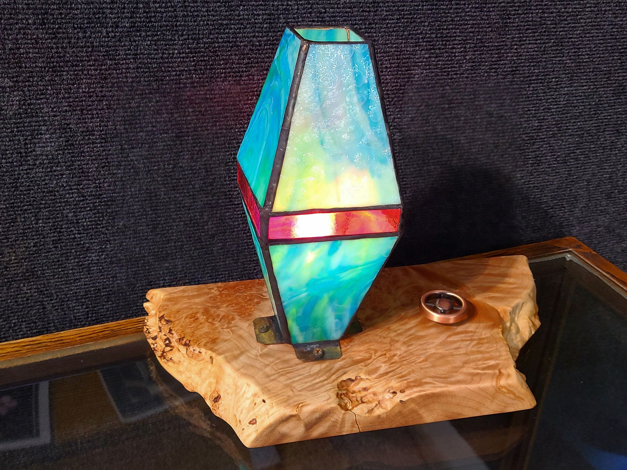 Table Lamp with maple burl base, 8" Stained Glass Shade and Dimmer Control. 58" brown cloth twisted cord with vintage style brown plug.