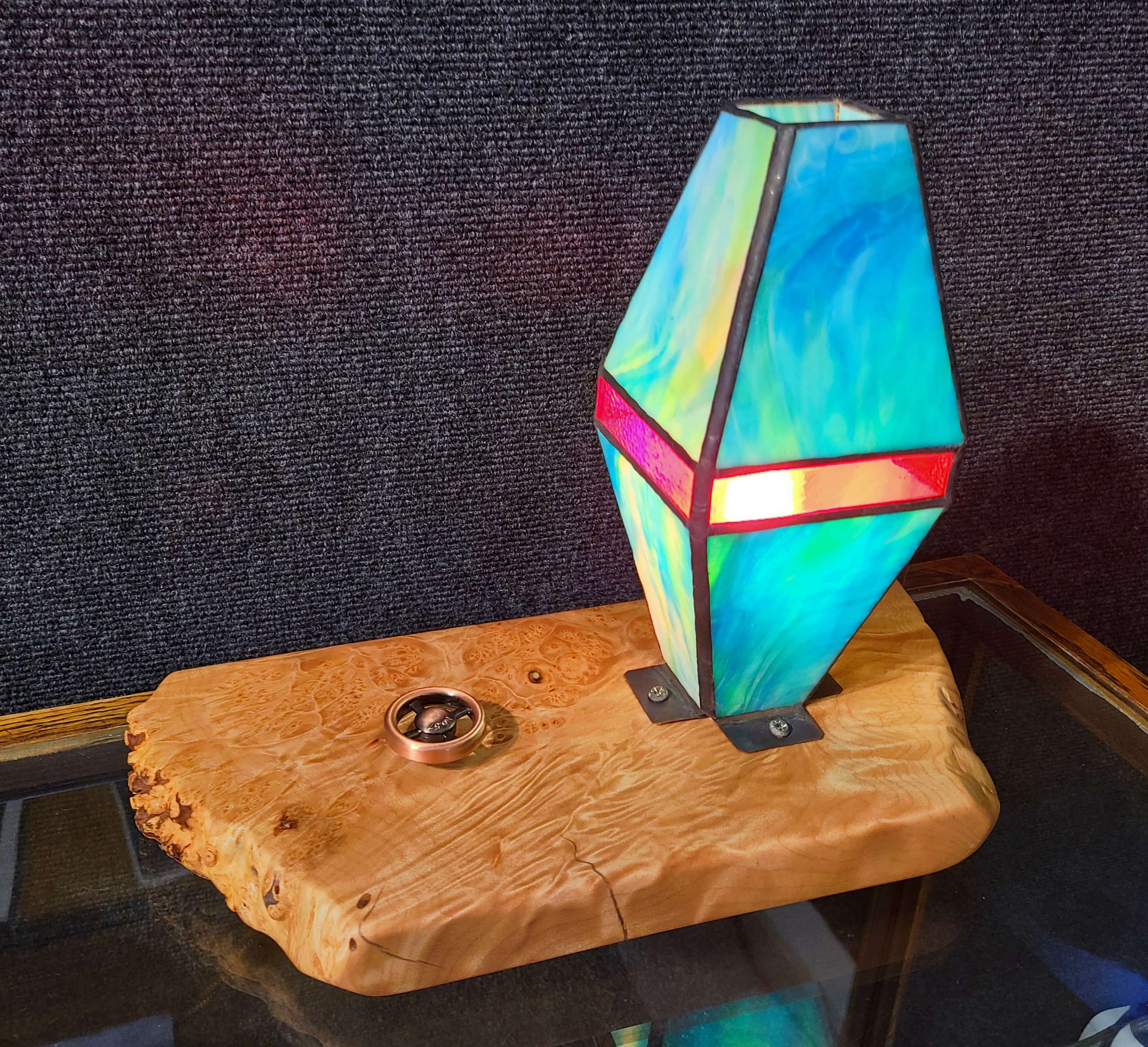 Table Lamp with maple burl base, 8" Stained Glass Shade and Dimmer Control. 58" brown cloth twisted cord with vintage style brown plug.