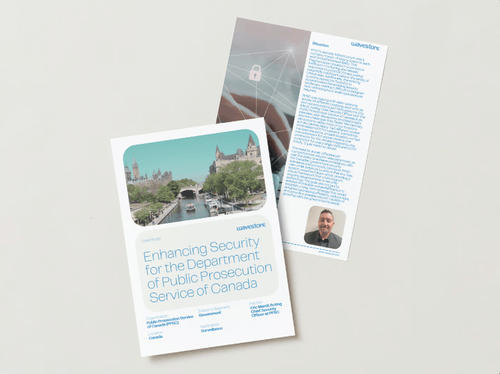 Two printed case study pages for Wavestore, featuring a photo of a canal with boats and trees, and text about enhancing security for the Department of Public Prosecution Service of Canada.