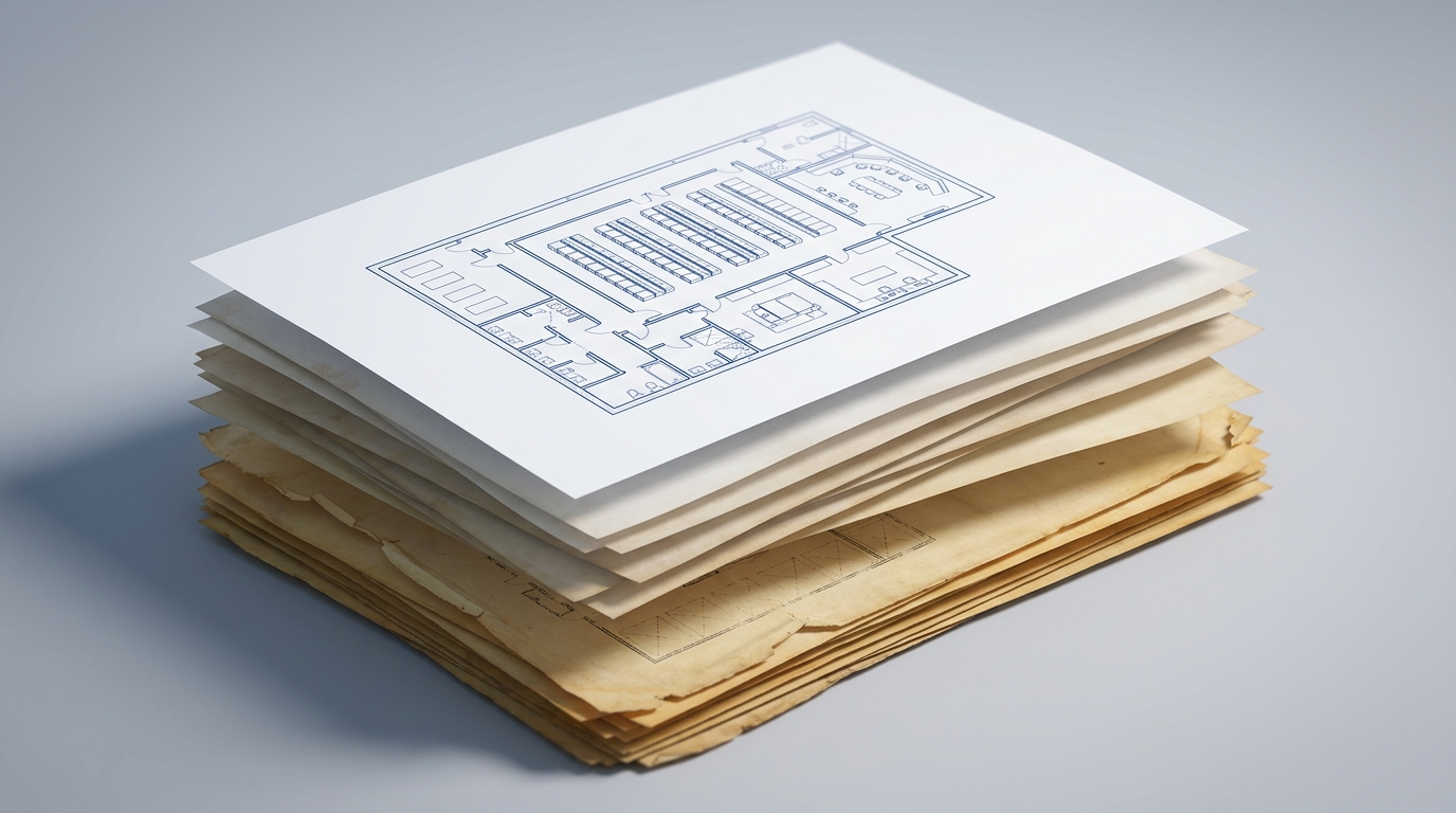 Layered specification document showing successive revisions copied forward from an older, unrelated building type