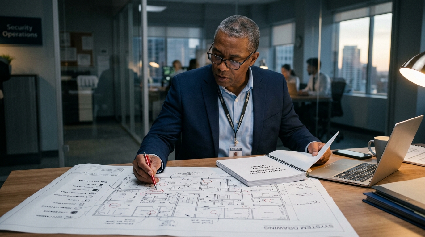 Security consultant annotating a facility floor plan in a security operations centre, with a specification document open alongside