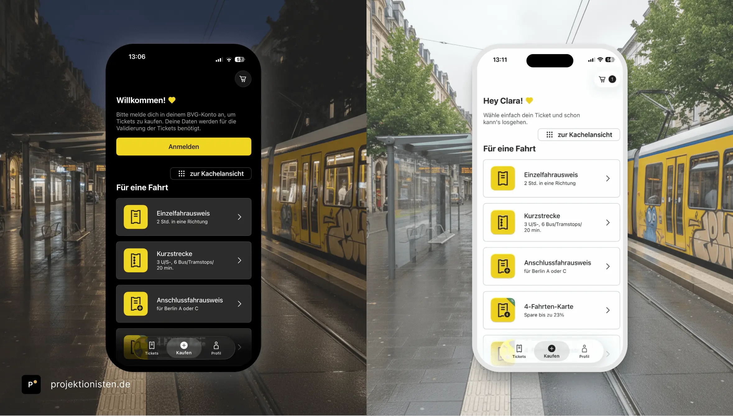 Eine Seite-an-Seite-Ansicht einer mobilen App für den öffentlichen Nahverkehr im Light Mode (rechts) und Dark Mode (links). Die App-Bildschirme zeigen eine Auswahl verschiedener Tickets wie Einzelfahrausweis und Kurzstrecke. Im Hintergrund ist eine verregnete Straße mit einer gelben Straßenbahn zu sehen.