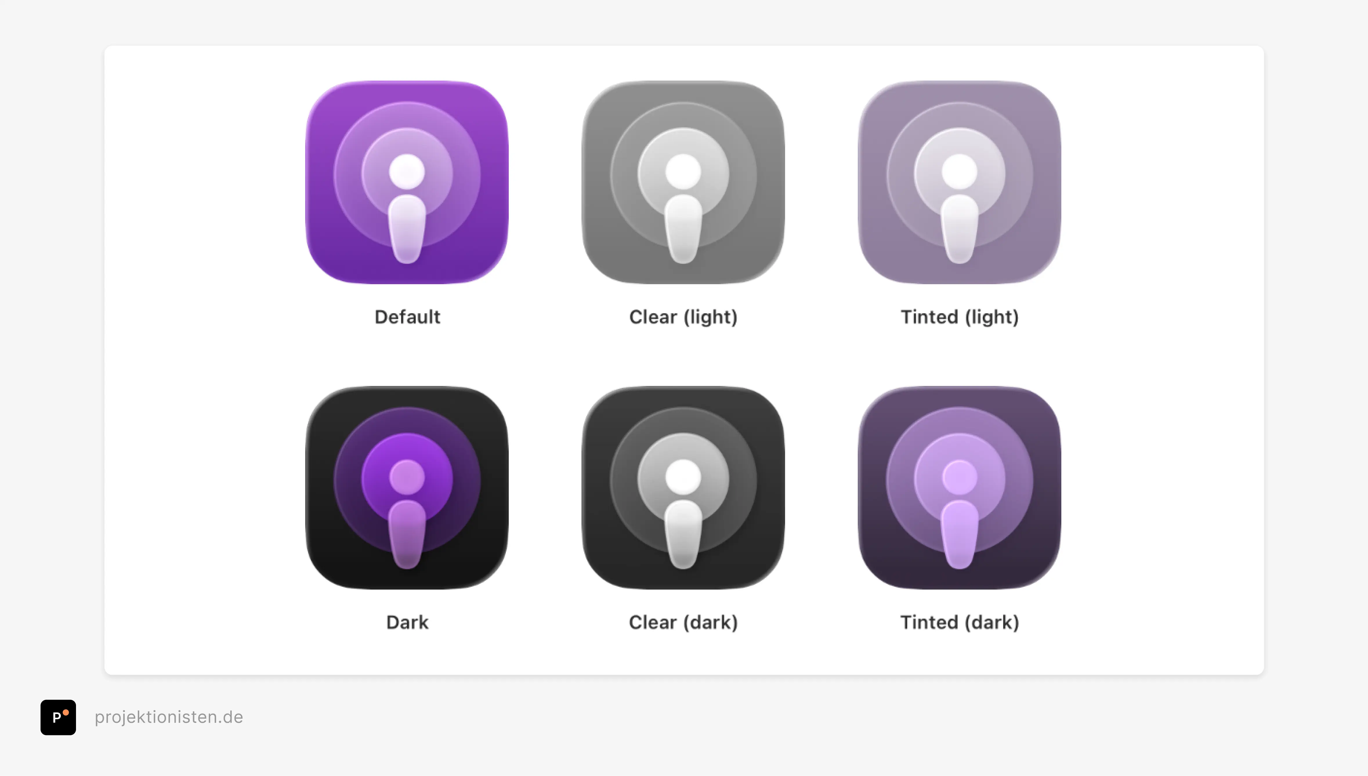 Ein Bild mit sechs Versionen eines App-Icons, die für die Verwendung im hellen und dunklen Modus optimiert sind.