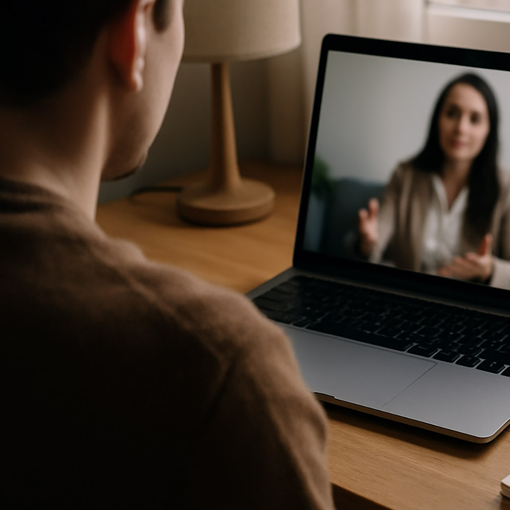 A mid-shot of a person seated at a small home desk, laptop open with a counselling session visible on-screen (blurred for privacy). Next to the laptop is a cup of tea and a notepad with a pen resting on it. The light from a nearby window illuminates the desk, suggesting fitting therapy into a normal day.