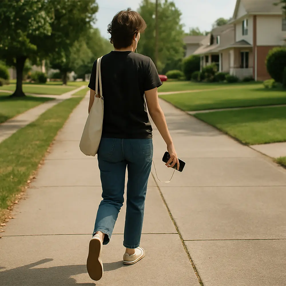 A candid shot of someone walking down a suburban footpath in daylight, phone held loosely in one hand with earphones connected. They are mid-step, carrying a small tote bag over one shoulder. The focus is on the movement and open space ahead, symbolising mobility and life outside a residential setting.