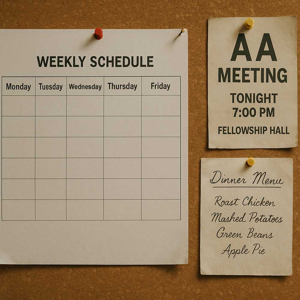 Close-up of a corkboard in a hallway covered with pinned items: a printed weekly schedule, an AA meeting flyer, a handwritten dinner menu, and a couple of Polaroid-style candid shots with faces cropped out. Slight wear on the paper edges makes it feel authentic, signalling structure, events, and shared experiences.