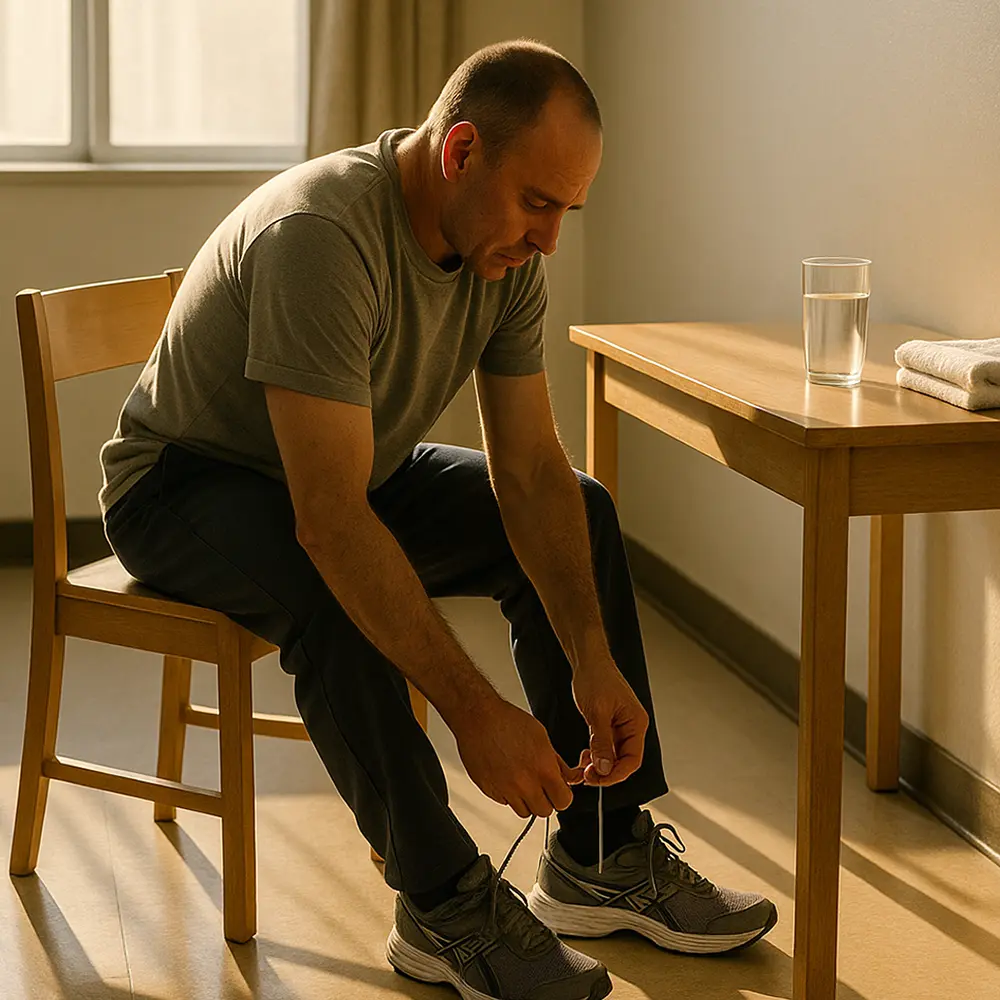 A resident sits at a plain wooden desk in a tidy room, tying the laces of their running shoes. Next to them, a glass of water and a folded towel are neatly placed. The morning light casts a long shadow across the floor, hinting at early, structured starts that repeat day after day in long-term rehab.