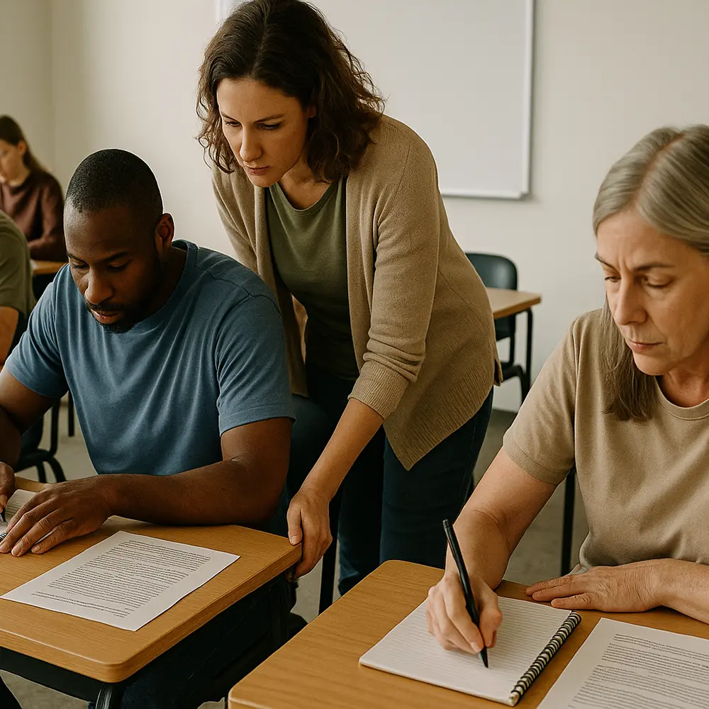 In a light-filled classroom-style space, several residents sit at separate desks or tables, each working quietly on a writing exercise. A facilitator moves between them, leaning slightly to check someone’s work. The emphasis is on the materials — notebooks, pens, printed handouts — with body language showing concentration and engagement.