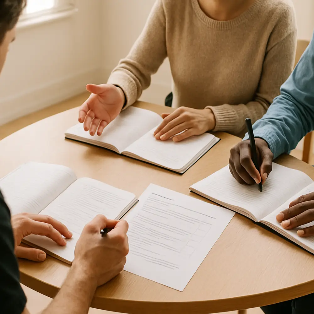 Three people sit around a small table in a bright room, each with an open workbook and pen in hand. One person is mid-note-taking while another gestures slightly toward a printed worksheet in the middle. The framing is angled from over one person’s shoulder, keeping faces out of frame but emphasising active, concentrated participation.