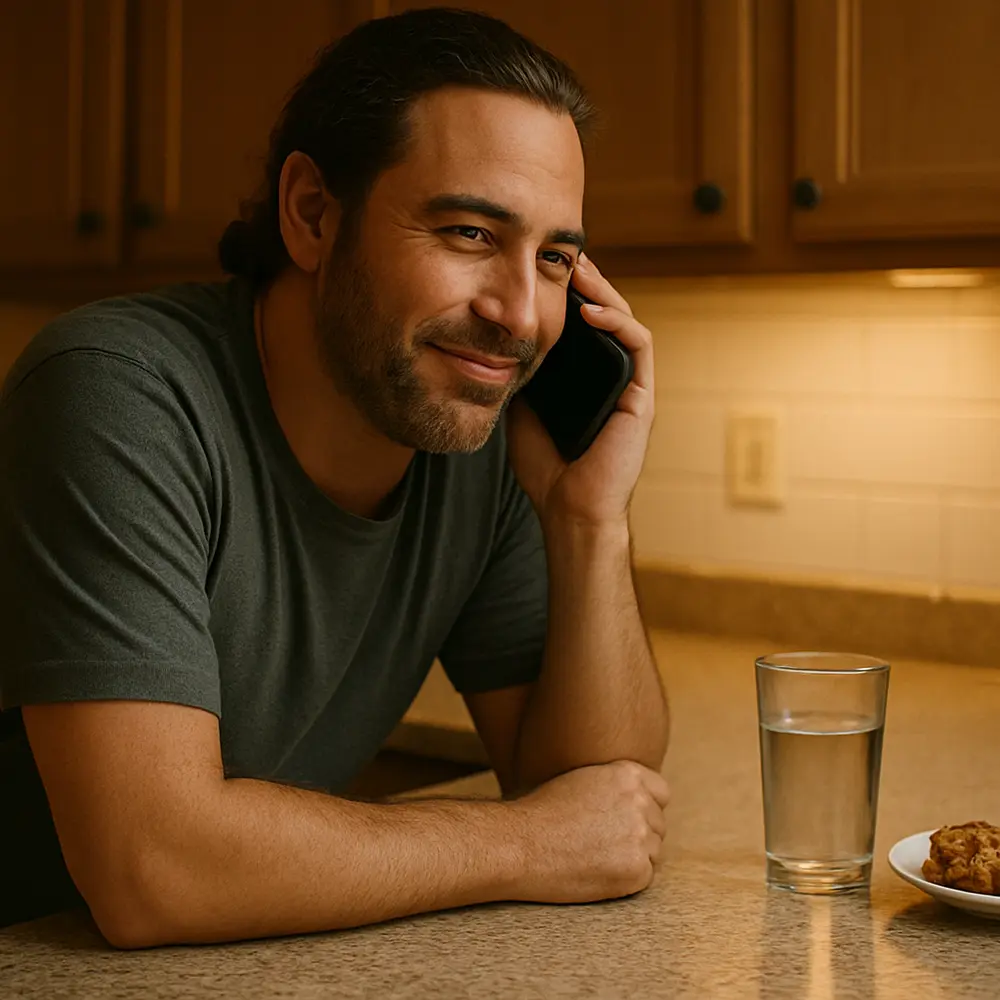 A candid side-angle shot of a person leaning against their kitchen counter, holding a phone to their ear, smiling faintly as they talk. A glass of water and a half-eaten snack sit nearby. The background is warmly lit, reflecting informal yet vital check-ins with a peer or sponsor.