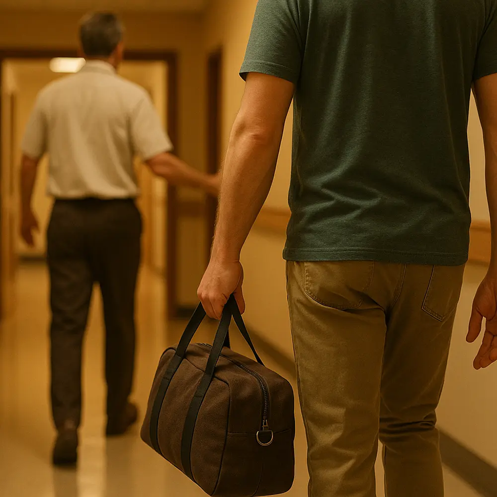 A warmly lit hallway inside the rehab facility, with a staff member walking slightly ahead of a new arrival carrying a small overnight bag. The focus is on the bag in the person’s hand and the gentle motion of the walk, with the staff member’s hand mid-gesture pointing toward a doorway. Faces are not visible — the scene conveys arrival, guidance, and reassurance.