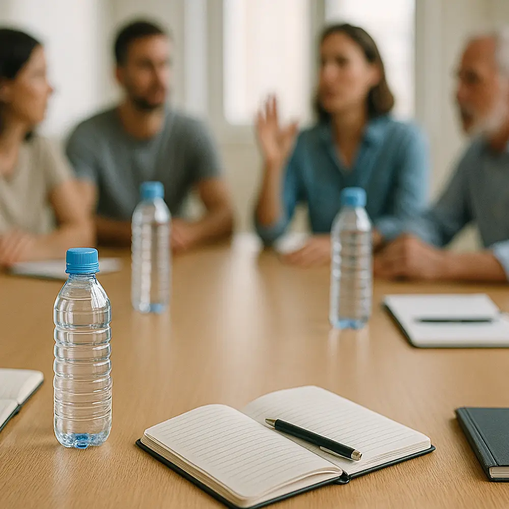 A long table in a bright, communal space covered with open notebooks, water bottles, and pens. Several people sit around it in relaxed postures, mid-discussion, with one person’s hand raised slightly to speak. The angle is from the far end of the table, focusing on the materials and body language — signalling collaboration and routine in treatment.