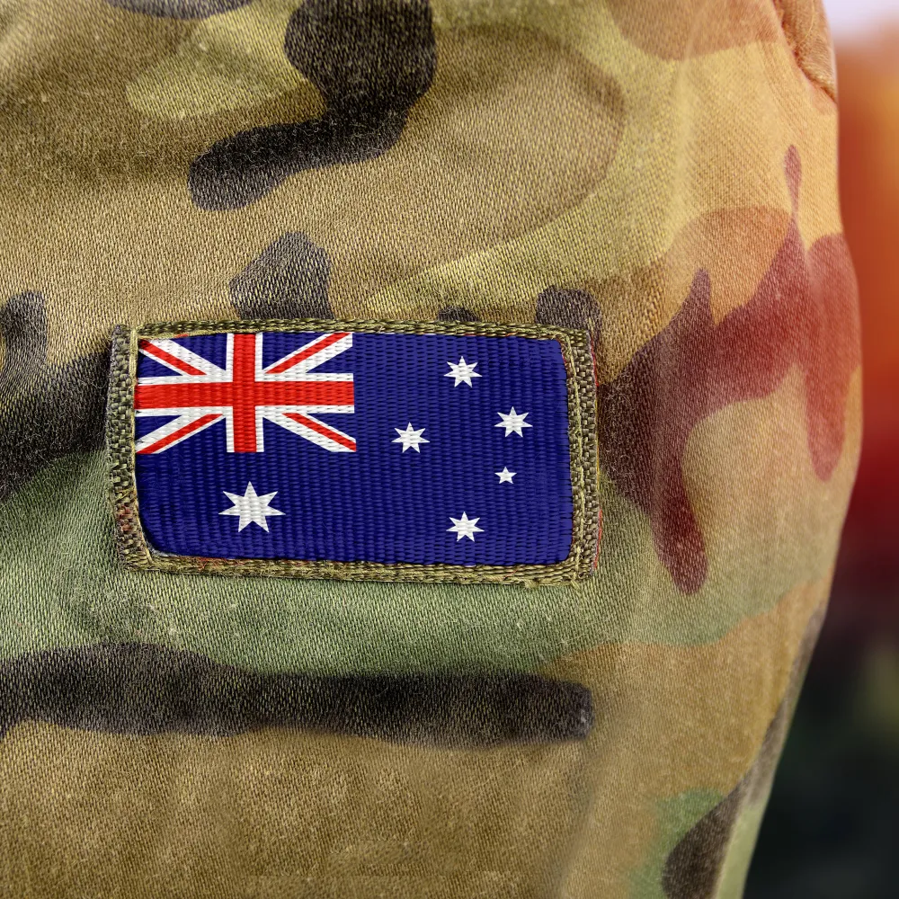 A closeup of the Australian flag patch on a military jacket.