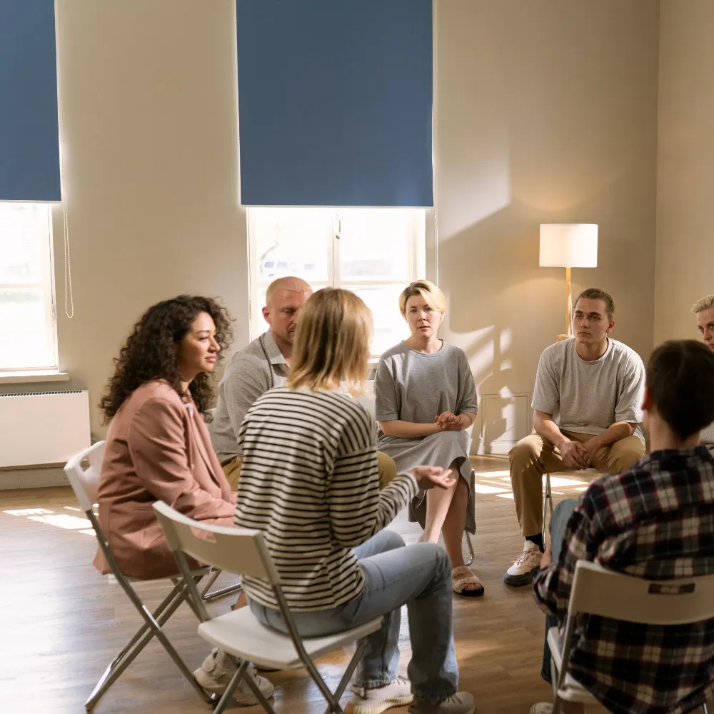 A group therapy session with age- and gender-diverse range of residents. Even without insurance, our rehab funding options can help you get the best shot at long-term recovery.