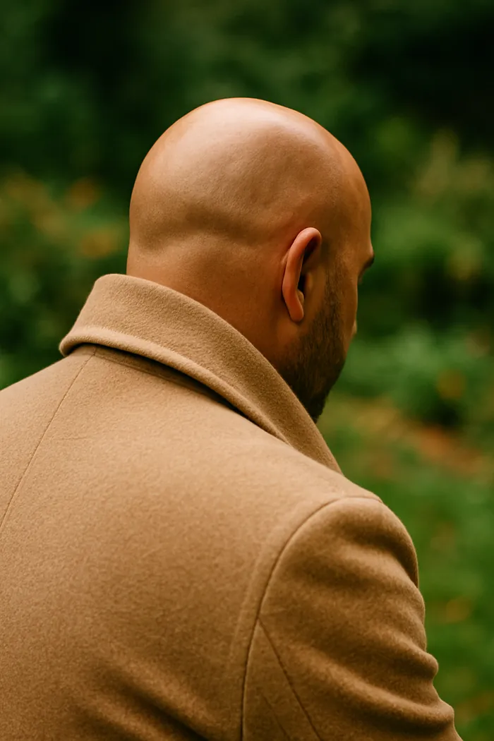 Peter, sitting in a garden at our inpatient clinic, reflecting on his journey/ He’s wearing a brown coat and his back is to us.
