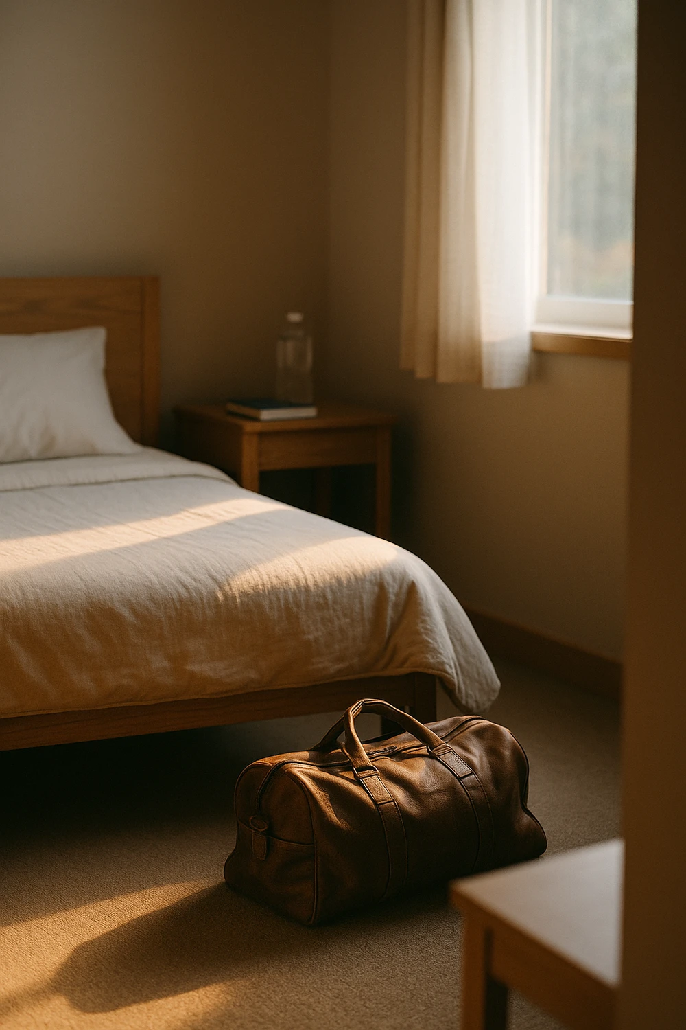 A softly lit bedroom with a neatly made bed and a worn leather duffel bag on the floor, bathed in morning light — symbolising a renewed commitment to long-term recovery.