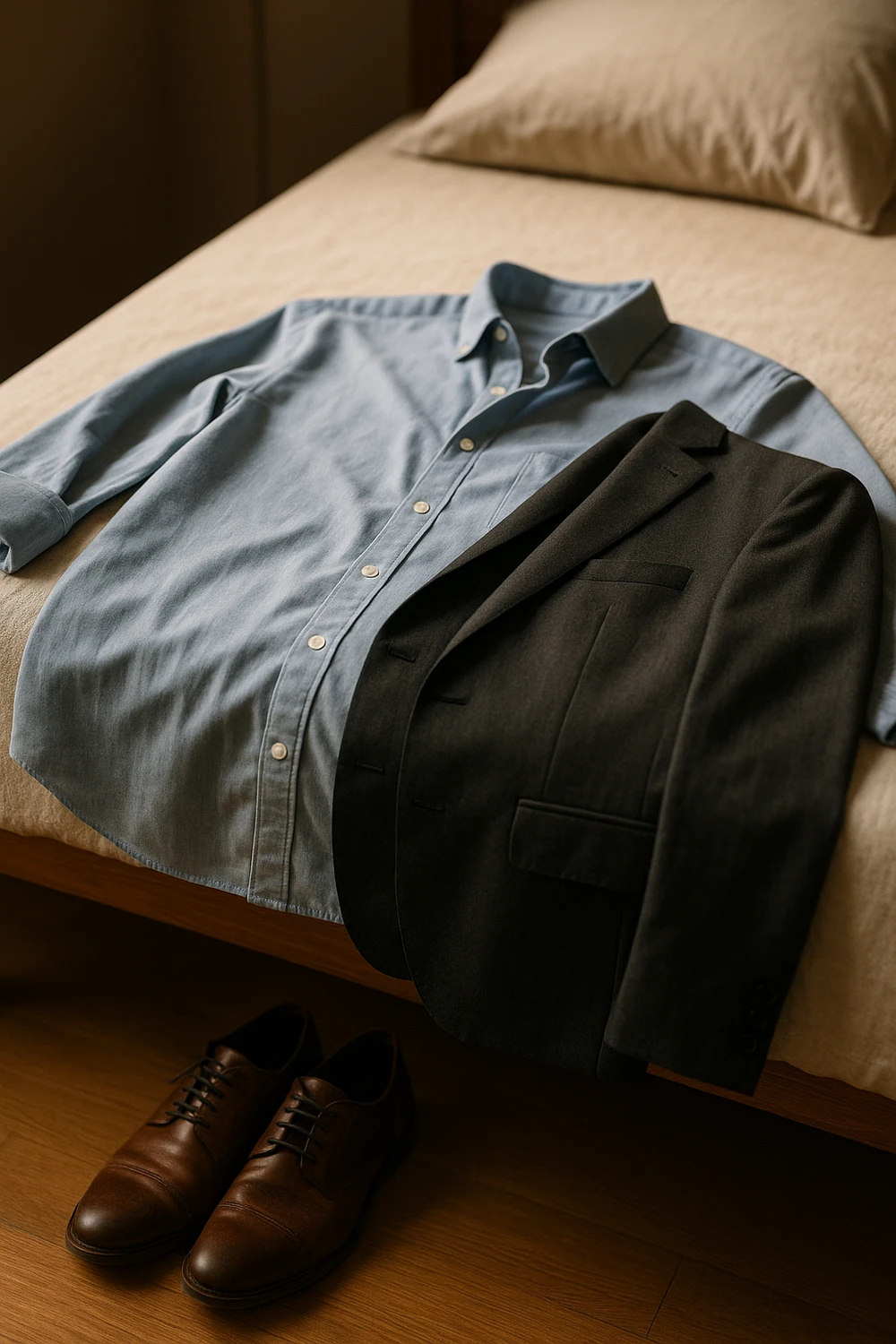 A light blue shirt, charcoal blazer, and brown dress shoes are laid out neatly on a beige bed, ready for the workday.