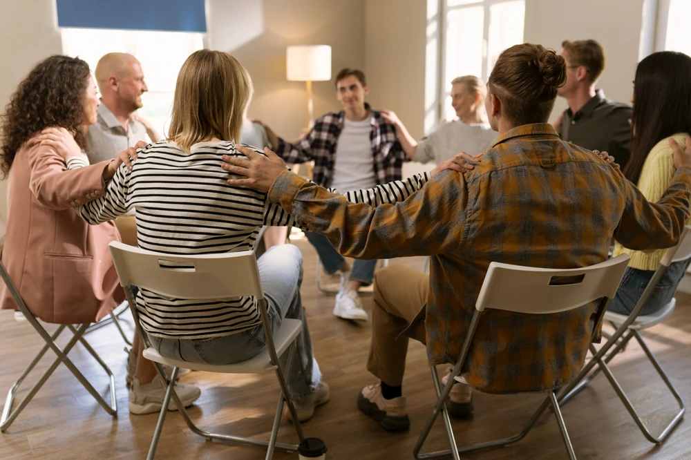 A garden path made of stone slabs and bark mulch, surrounded by native plants — symbolising the difficult but healing journey of facing emotions in recovery.