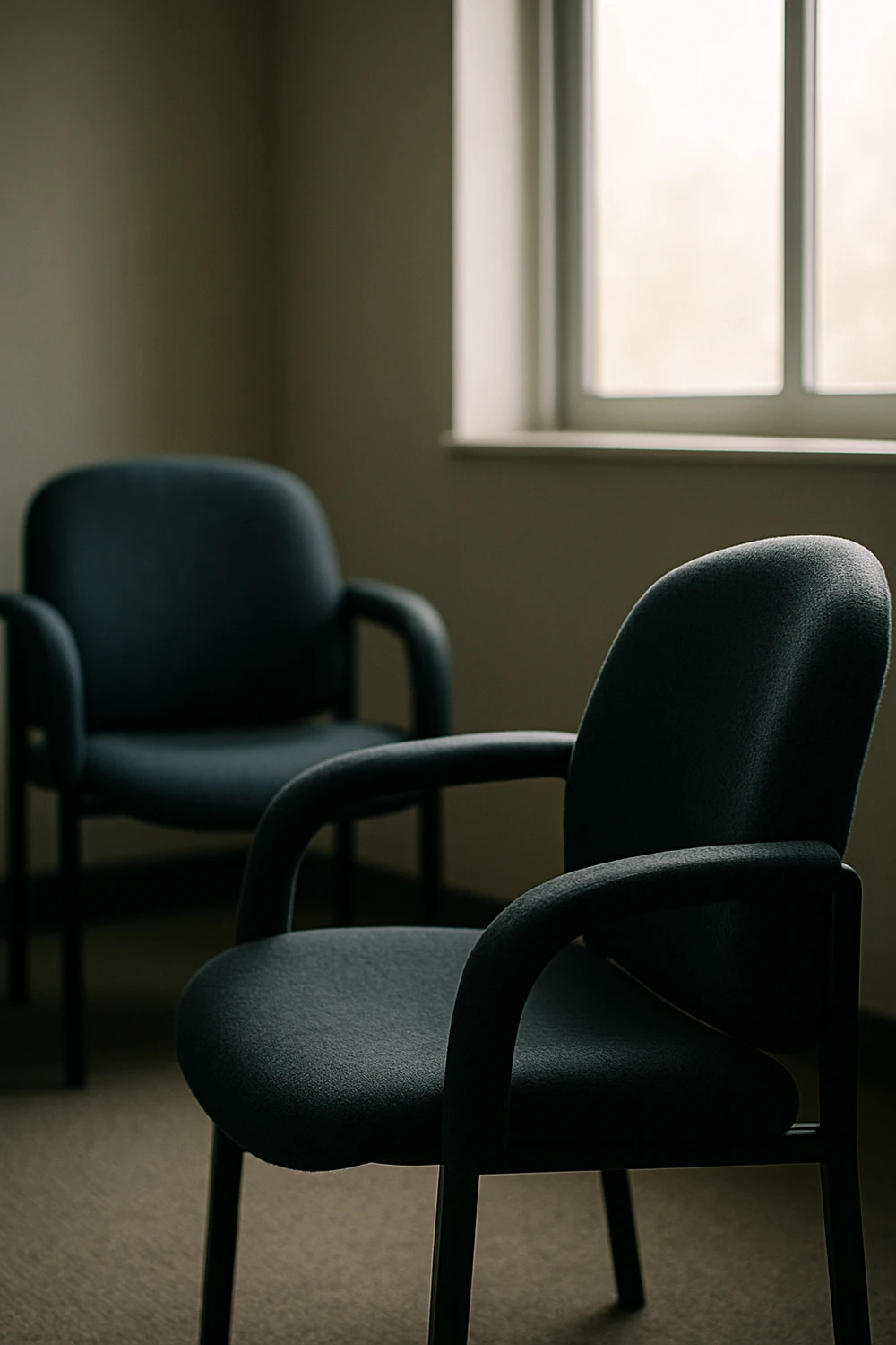 Empty chairs in a clinic intake waiting room.
