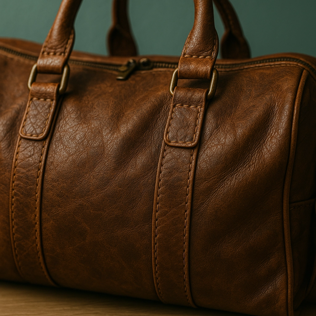 A worn leather duffle bag, packed and ready to go