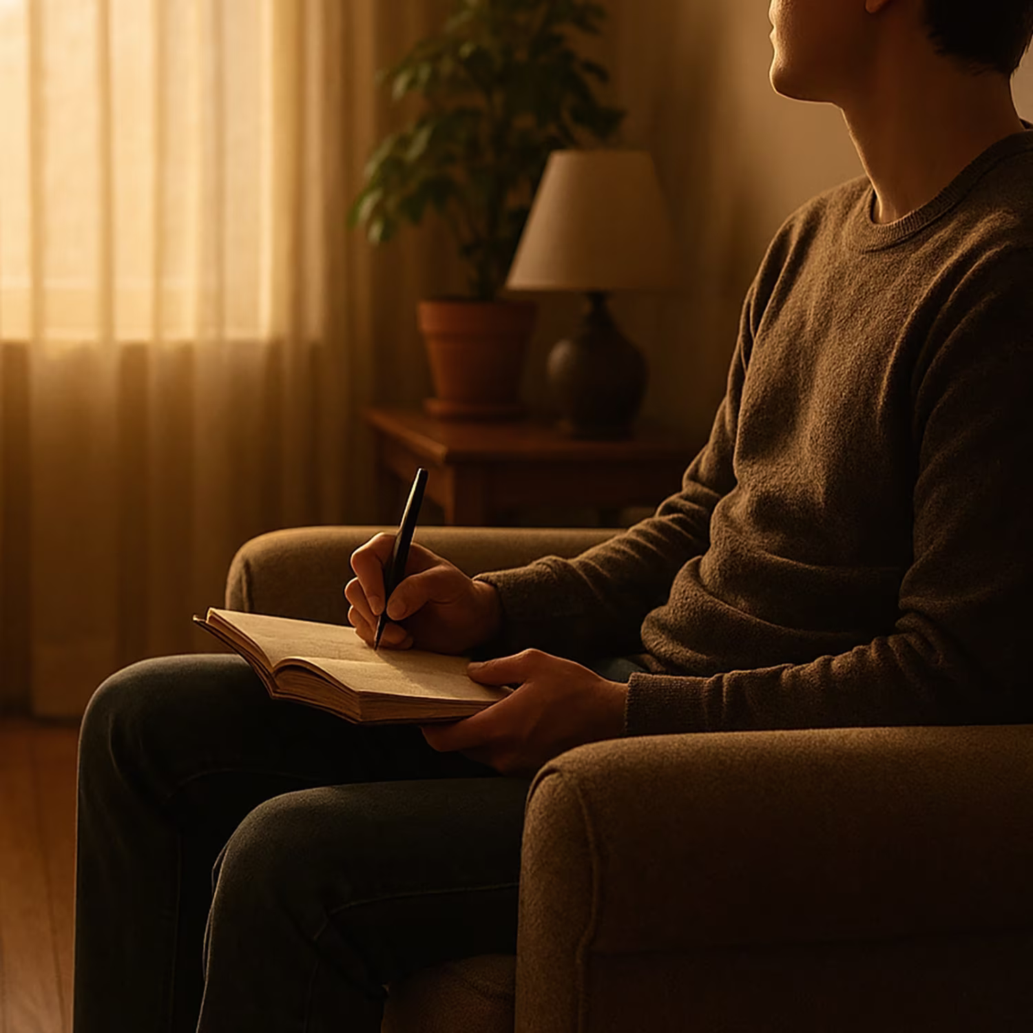A softly lit communal living room with warm morning sunlight streaming through sheer curtains. A person sits in an armchair with a journal resting on their knees, pen in hand, looking toward the light. The coffee table in the foreground has a book and a glass of water. Their face is out of frame, with focus on posture and the gentle, grounded atmosphere that suggests stability and reflection.