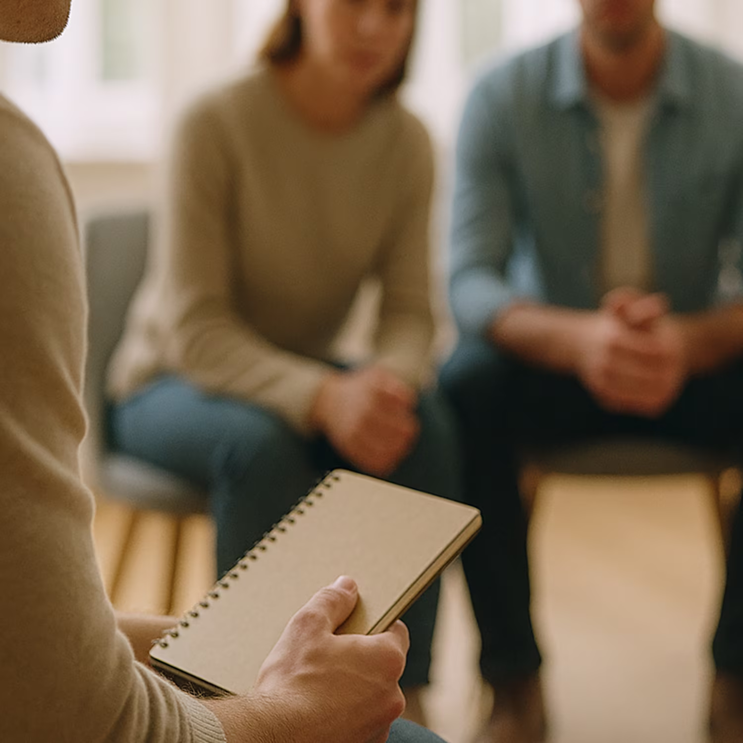 A small circle of chairs in a bright, airy therapy room with natural light. The shot captures the side of one participant’s arm as they hold a notebook, with blurred figures of others in the background leaning in, mid-discussion. The therapist’s hands are visible gesturing as they speak. Composition emphasises connection, shared focus, and a safe, open environment without revealing any faces.
