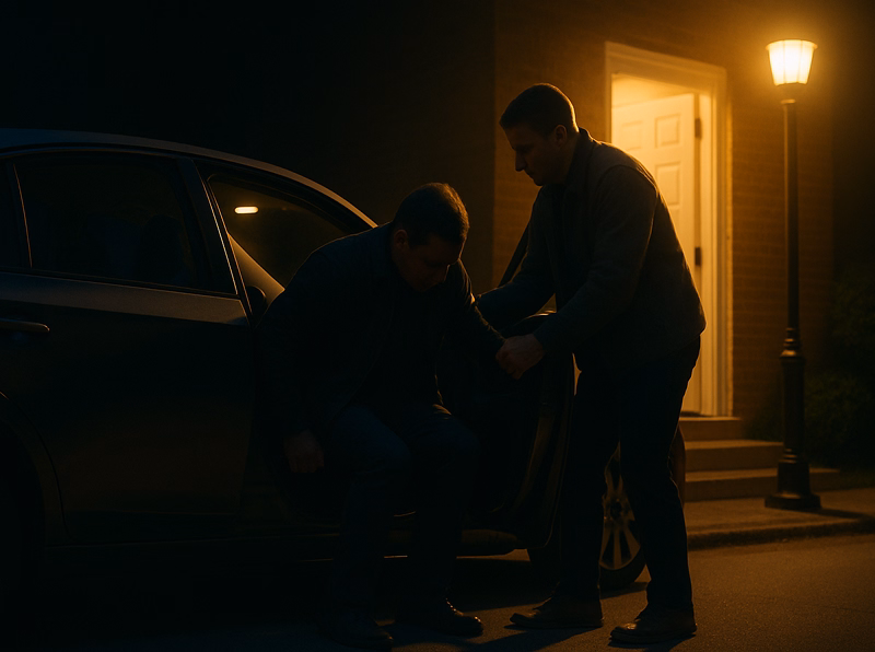 Helpers assisting a person into a car during crisis intervention.