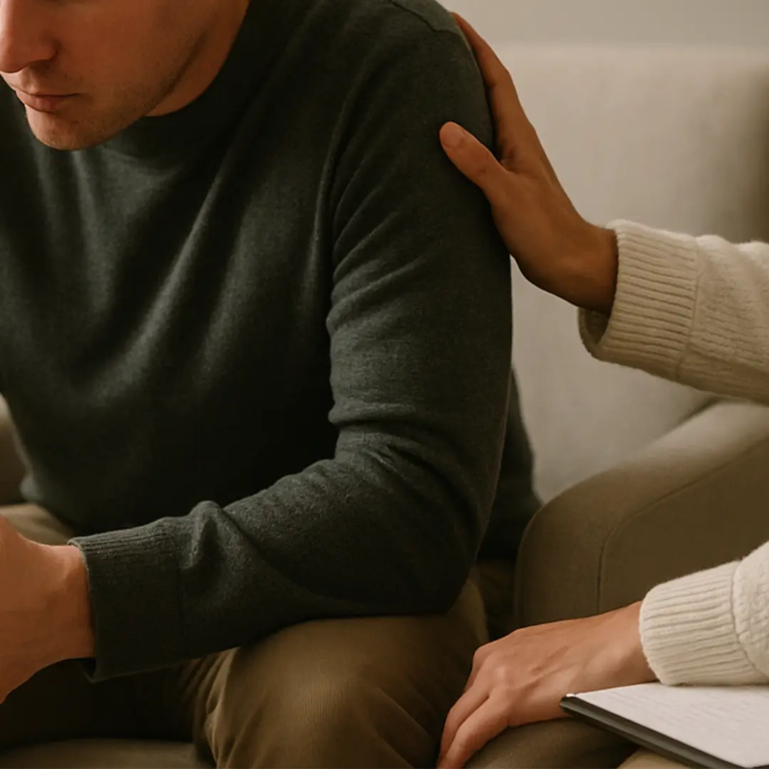 A candid moment in a small counselling room with soft natural light. A person sits forward on a chair, their hands clasped, while another person’s hands rest gently on the arm of the chair in a reassuring gesture. The composition focuses on hands, body language, and proximity — not faces — conveying trust and support during one-on-one sessions