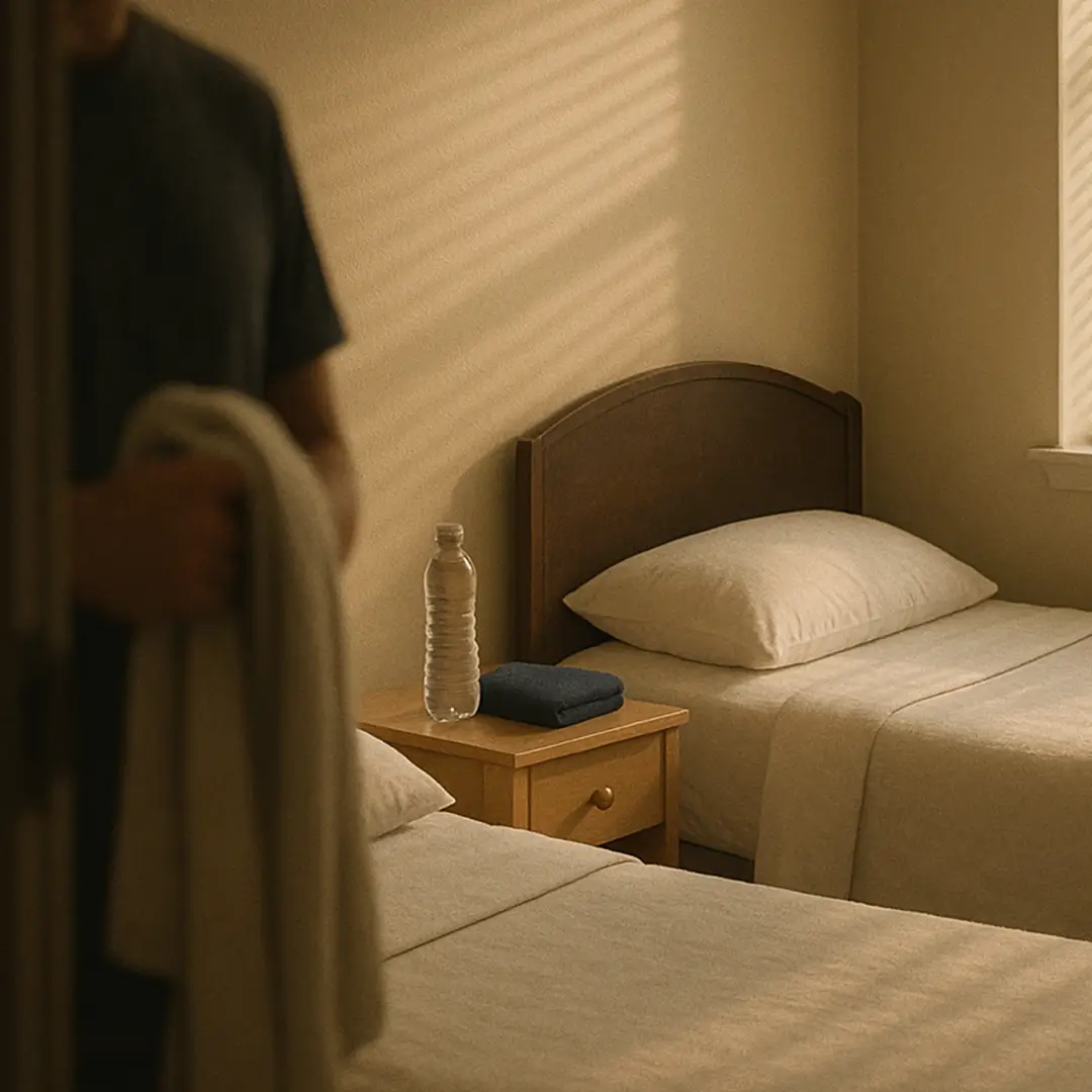 A softly lit shared bedroom with neatly made single beds, sunlight filtering through blinds onto a tidy bedside table with a water bottle and folded jumper. In the foreground, the blurred outline of someone standing in the doorway holding a towel suggests the start of the day. The mood is calm, structured, and safe — showing the stability of a residential setting without faces.