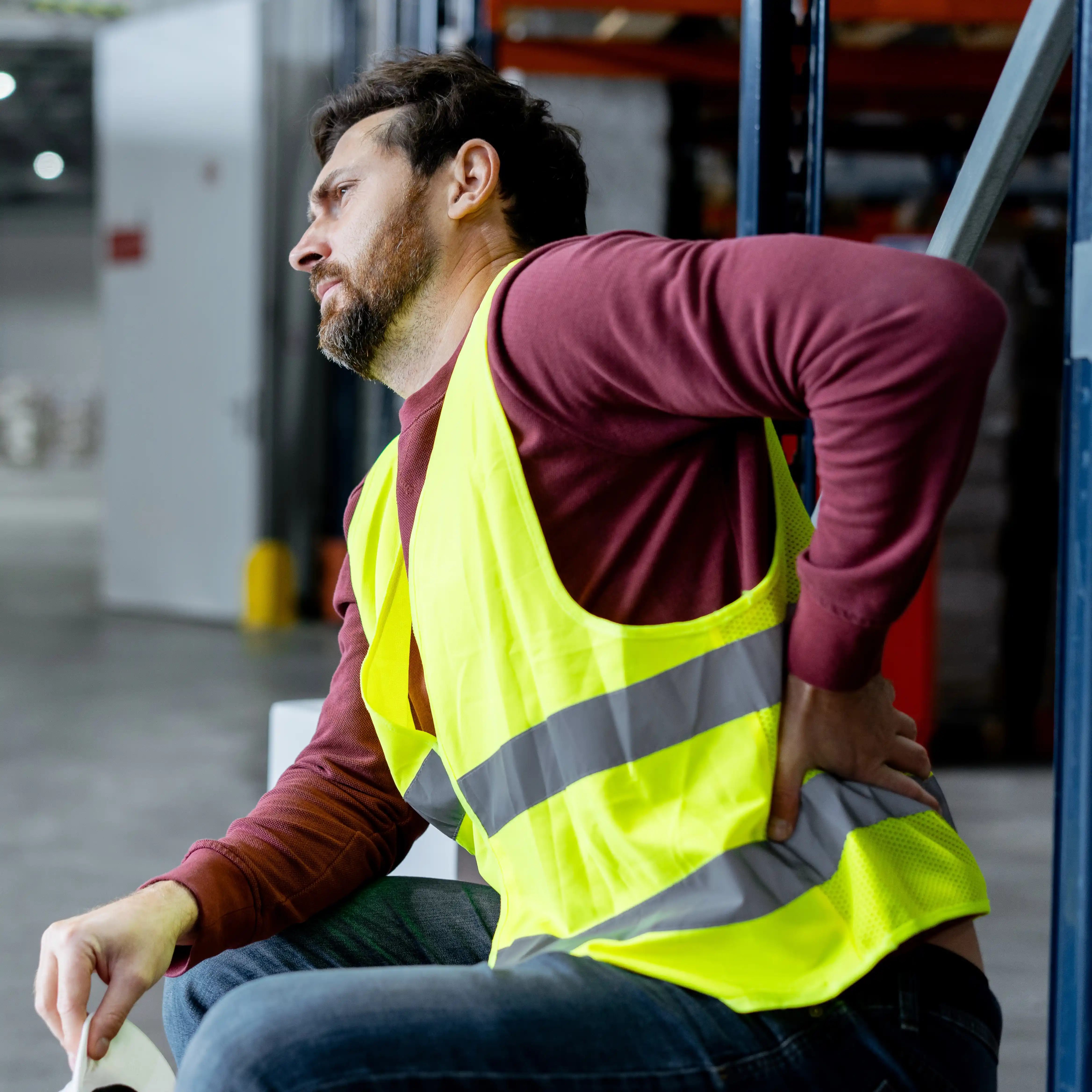 A man sits in a warehouse uniform, holding his back in pain after a long day at work. Prescription pain medications for common injuries can lead to addiction and the need for professional rehab support.