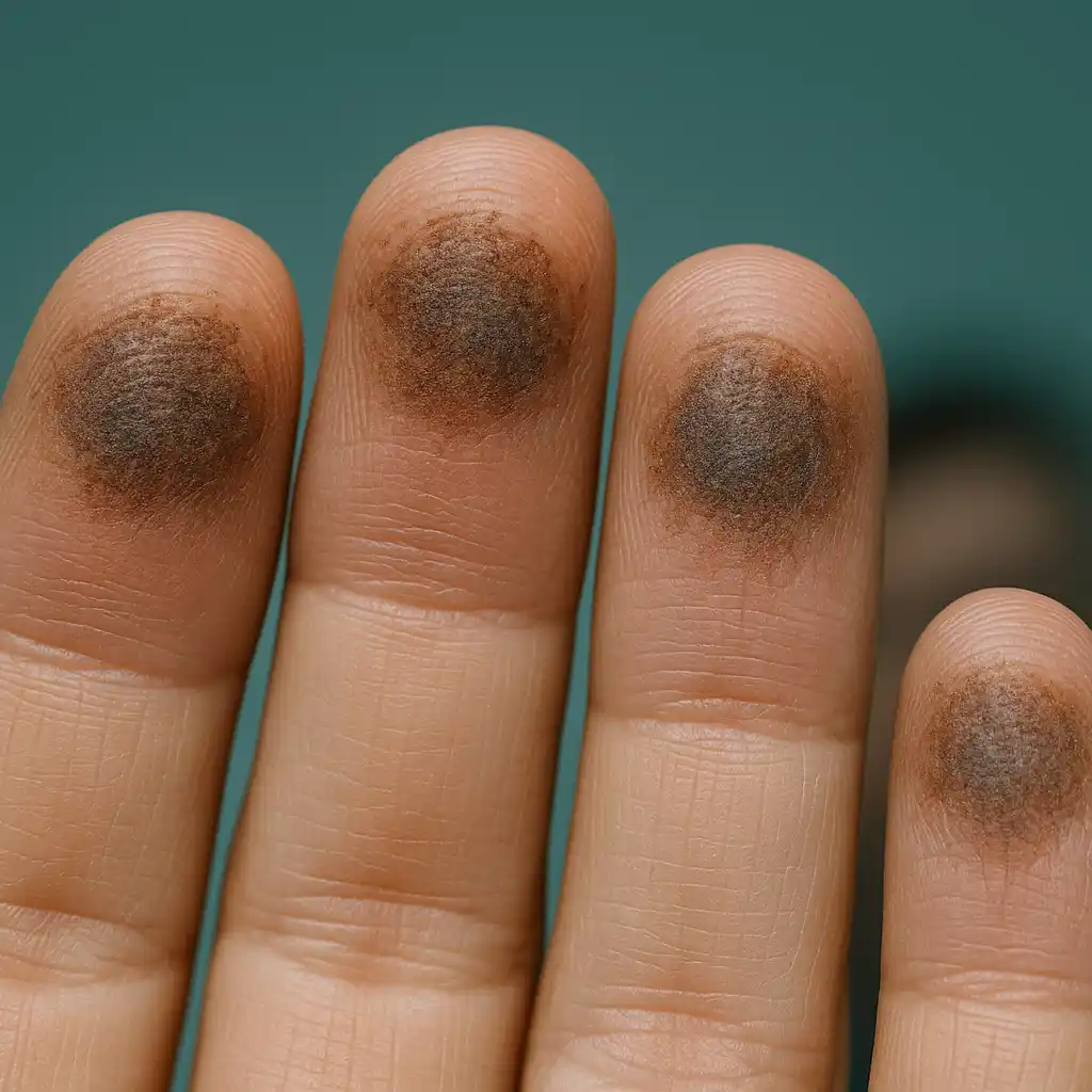 A close-up image of four fingertips illuminated by pale hospital lighting, revealing old burn marks and roughened skin caused by frequent contact with a hot pipe. The damage is typical of long-term crack cocaine use.