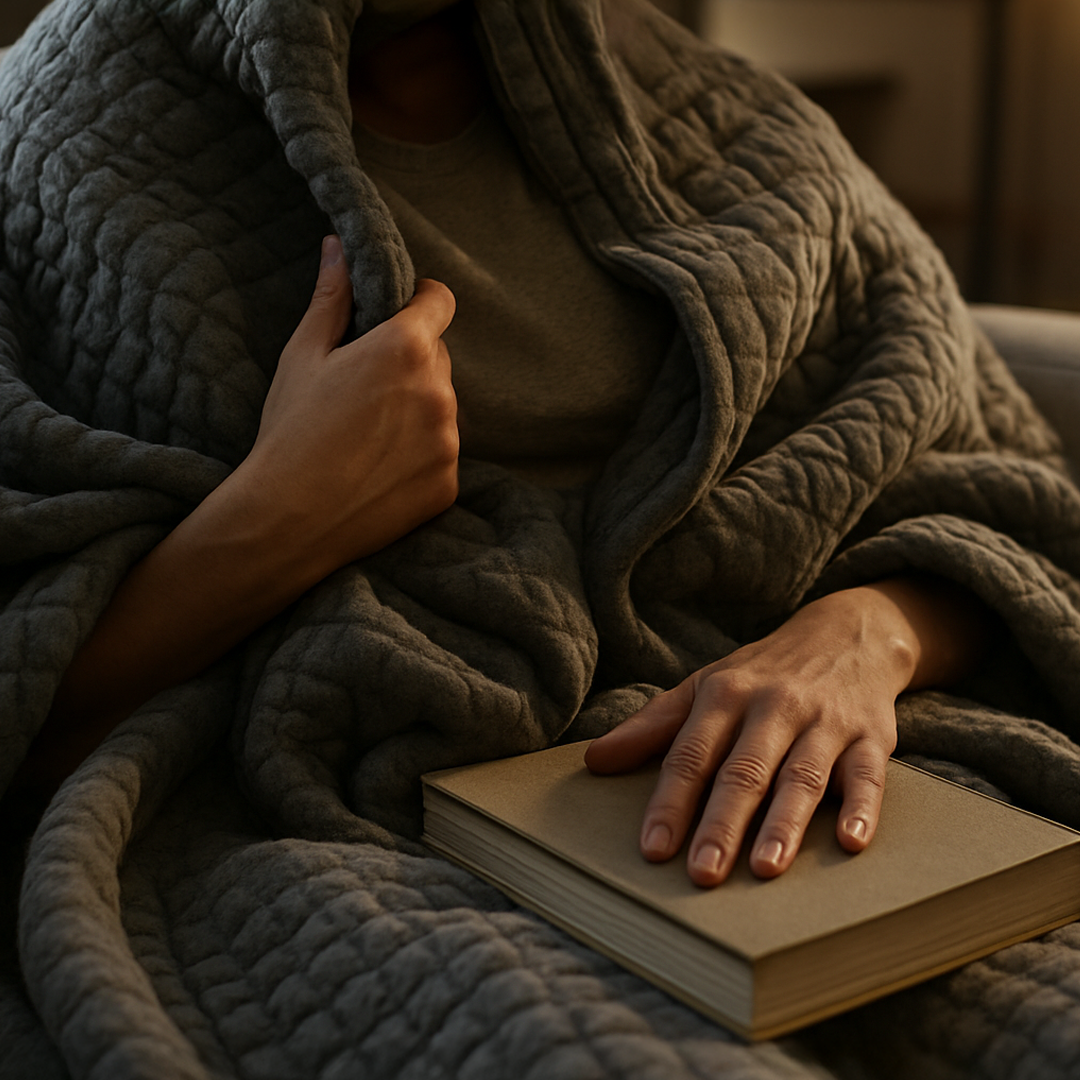 Close-up of a person’s torso and lap as they sit curled up on a couch, wrapped in a textured grey weighted blanket. One hand loosely holds the edge of the blanket while the other rests on a closed book. Soft, late-afternoon light filters in, with the background slightly blurred to suggest a quiet lounge space. This focuses on a specific self-soothing tool often used in mental health recovery.