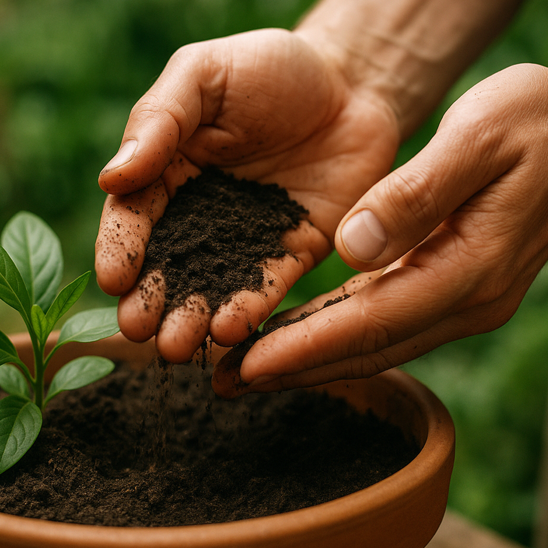 Close-up of a person’s hands gently sifting soil in a small potted plant, with the blurred greenery of a rehab garden in the background. The light is soft and natural, with soil texture, green leaves, and skin tone in warm focus. This represents sensory-based grounding techniques — a mental health rehab visual that’s distinct from typical mindfulness poses.