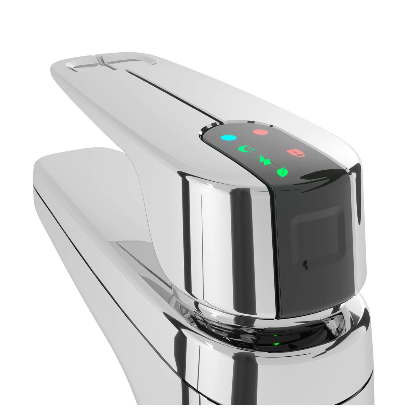 Close-up of the Billi XL levered dispenser in polished chrome, showing the LED indicator lights on the lever