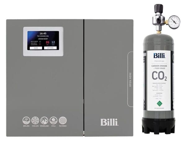 Billi OmniOne Pro60 under-counter unit alongside the CO2 cylinder used for sparkling water