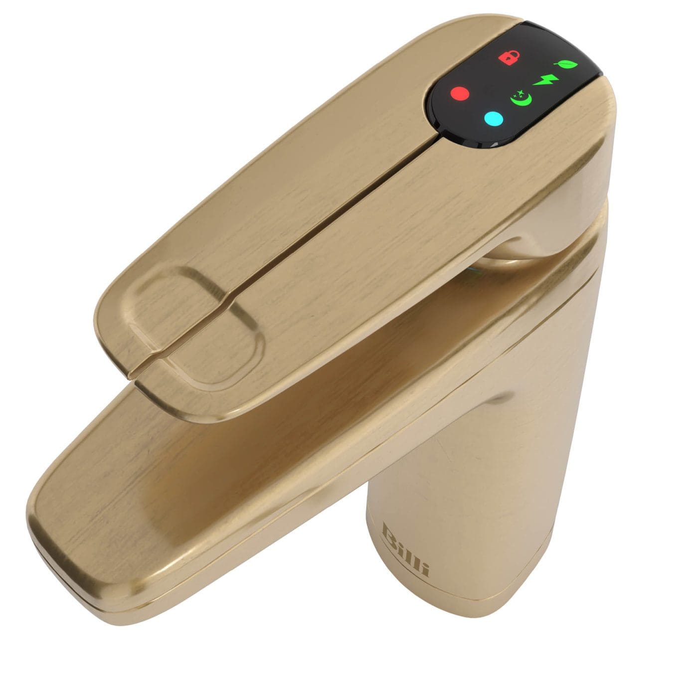 Close-up of the Billi XL levered dispenser in a brass finish, with LED indicator lights