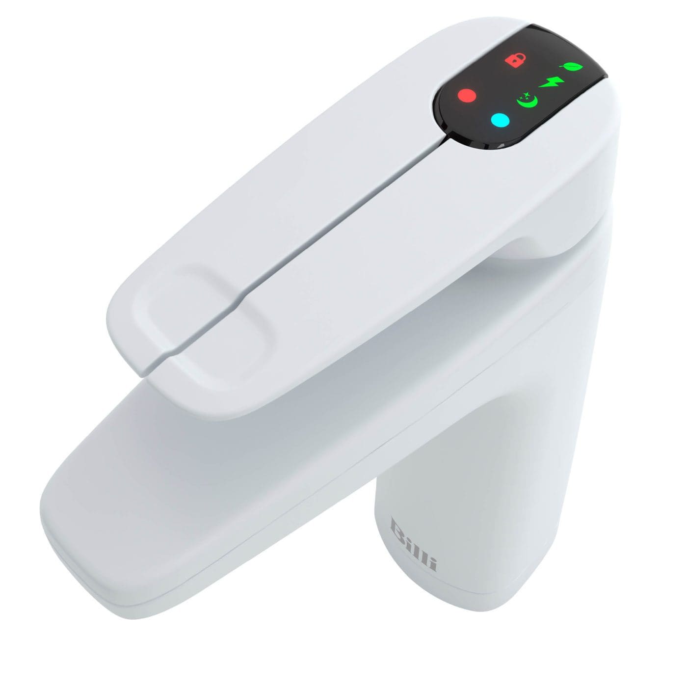 Close-up of the Billi XL levered dispenser in matte white, with LED indicator lights