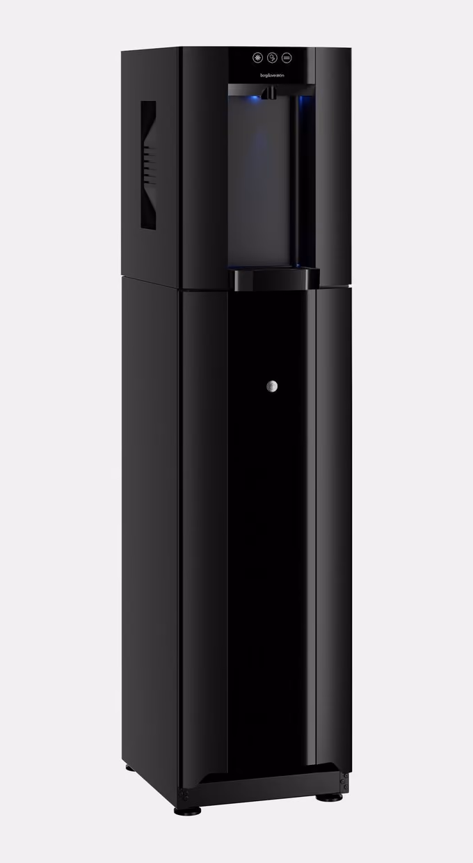 Borg & Overström E4 floor-standing water dispenser in black, angled view