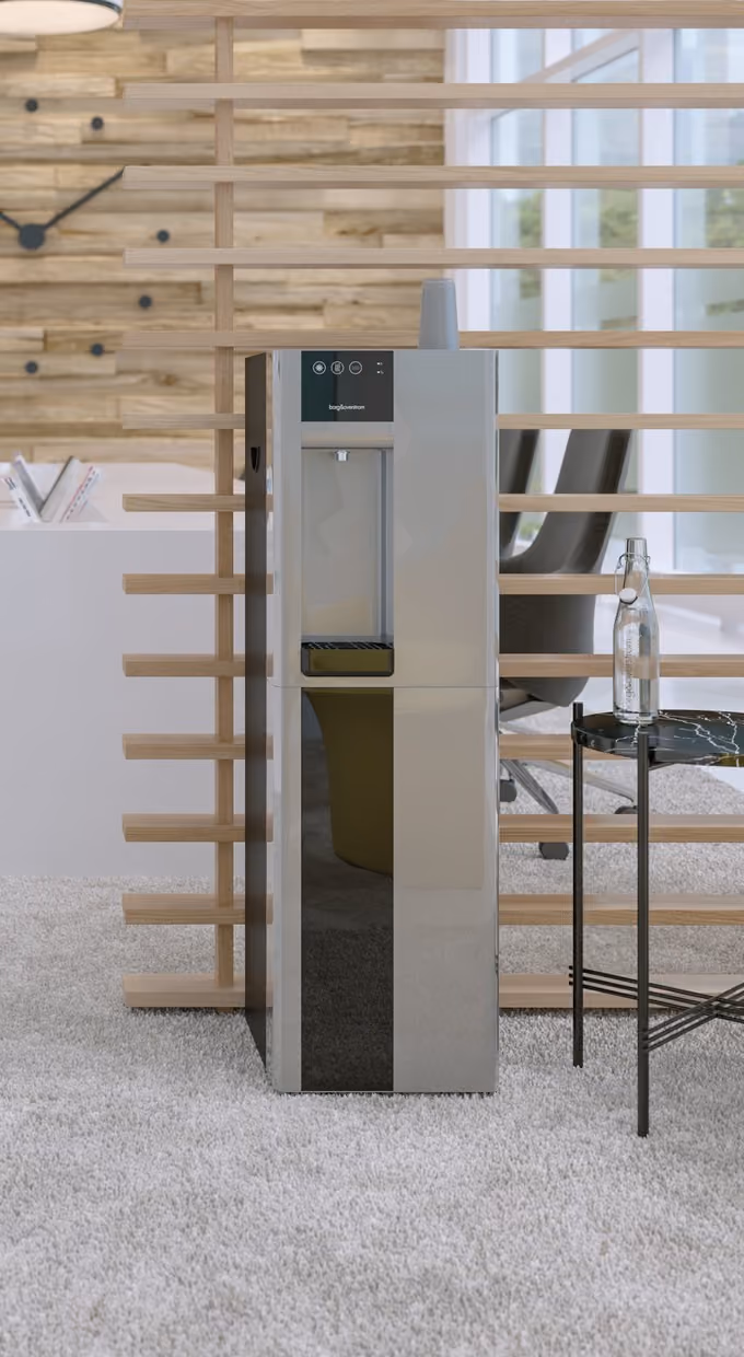 Borg & Overström B3 water dispenser in silver in an office reception area