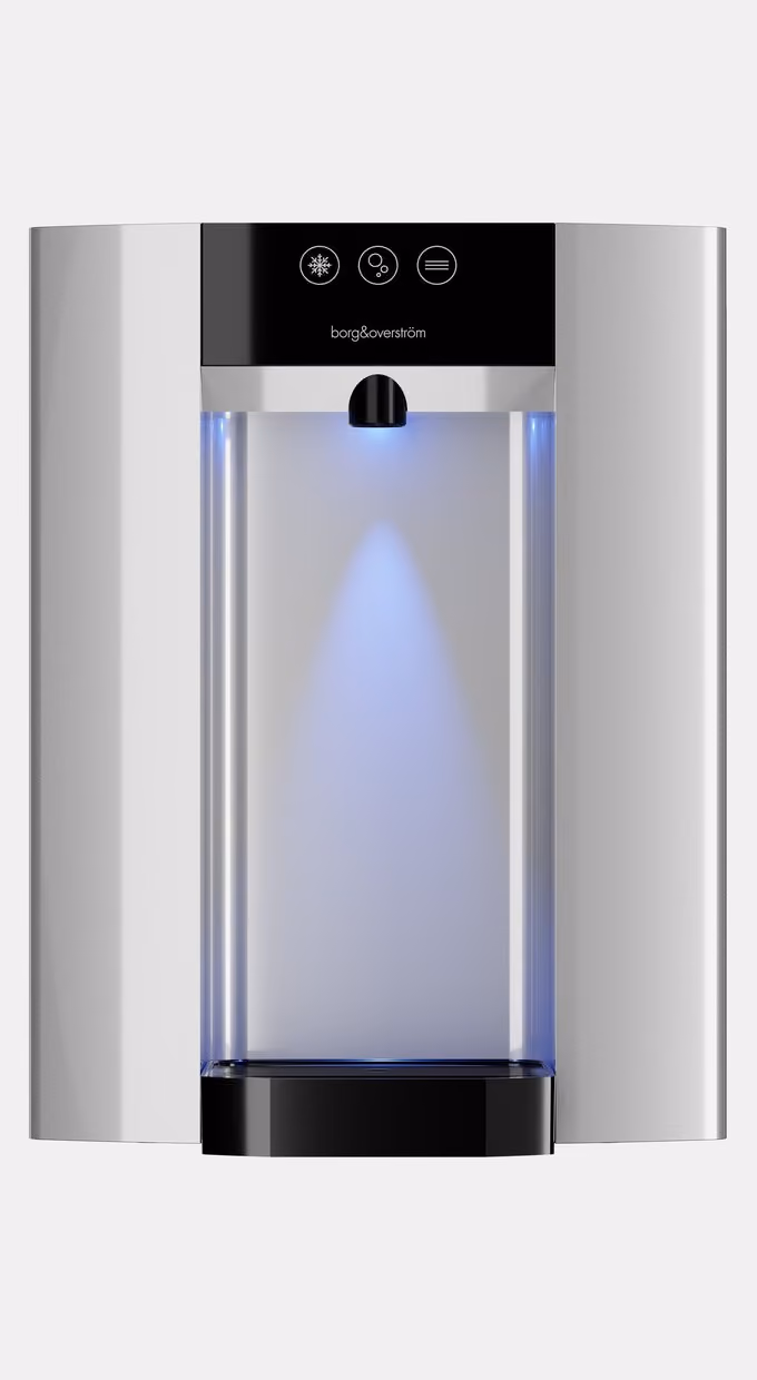 Borg & Overström E4 countertop water dispenser in silver, front view